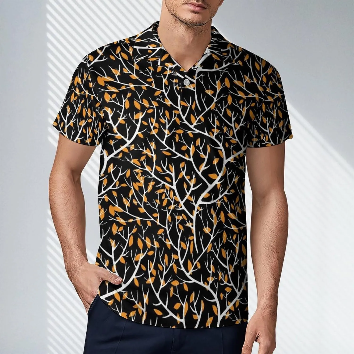 Blue Yellow Floral Rose Pattern Men's Short Sleeve Classic Fit Performance Moisture Wicking Polo (Available in Big & Tall)