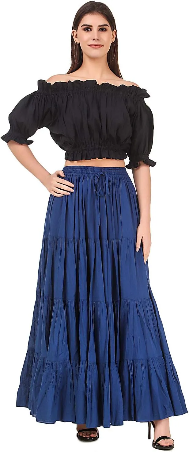 BoheeWohee Women's 25 Yard Cotton Gypsy Belly Dance 4-Tiered A-Line Pleated Maxi Long Boho Dance Tribal Skirt