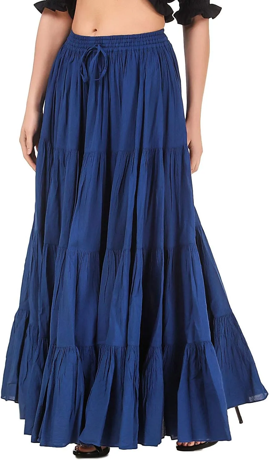 BoheeWohee Women's 25 Yard Cotton Gypsy Belly Dance 4-Tiered A-Line Pleated Maxi Long Boho Dance Tribal Skirt