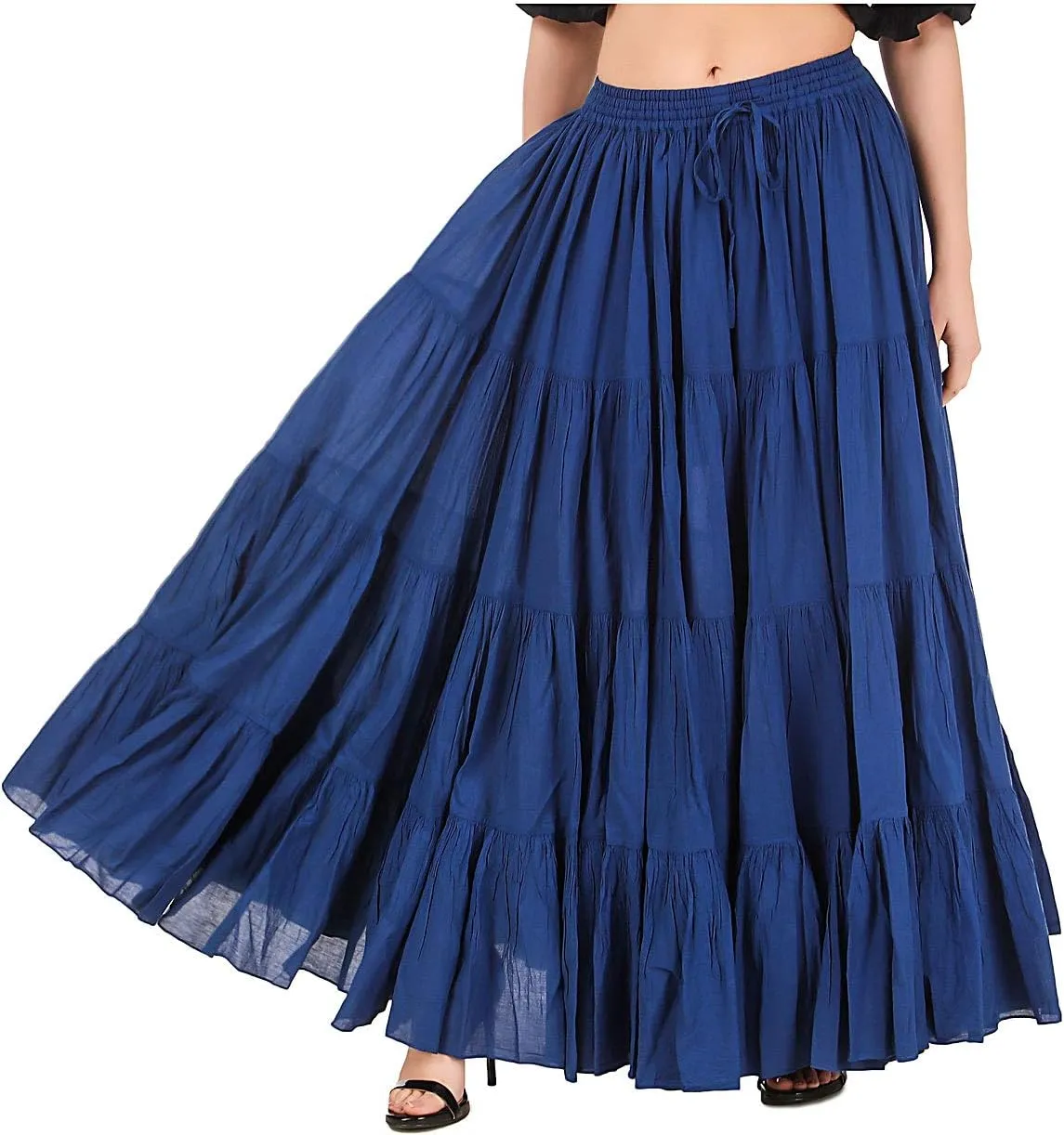 BoheeWohee Women's 25 Yard Cotton Gypsy Belly Dance 4-Tiered A-Line Pleated Maxi Long Boho Dance Tribal Skirt