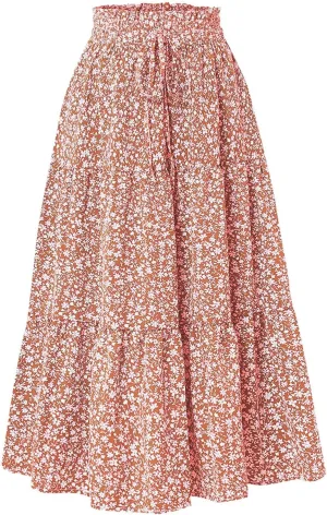 Boho Floral Maxi Skirts for Women Womens A-Line Pleated Long Skirts High Waisted Flowy Summer Dresses