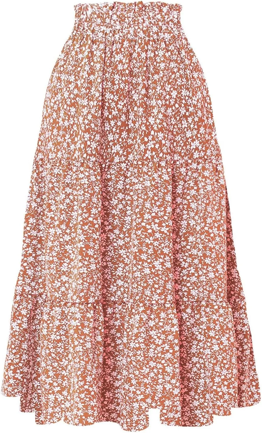 Boho Floral Maxi Skirts for Women Womens A-Line Pleated Long Skirts High Waisted Flowy Summer Dresses