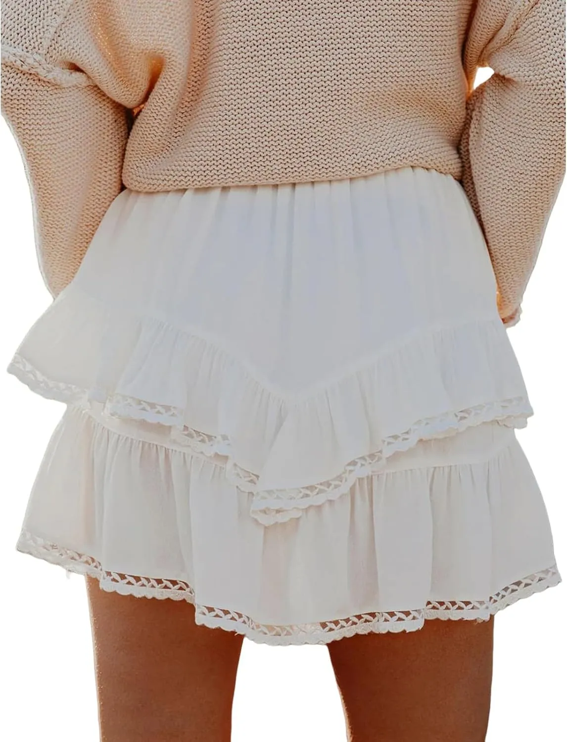 Boho Mini Skirts for Women Summer Flowy Elastic High Waist Tiered Ruffle Hem Skorts Casual Fashion Lace Beach Skirts