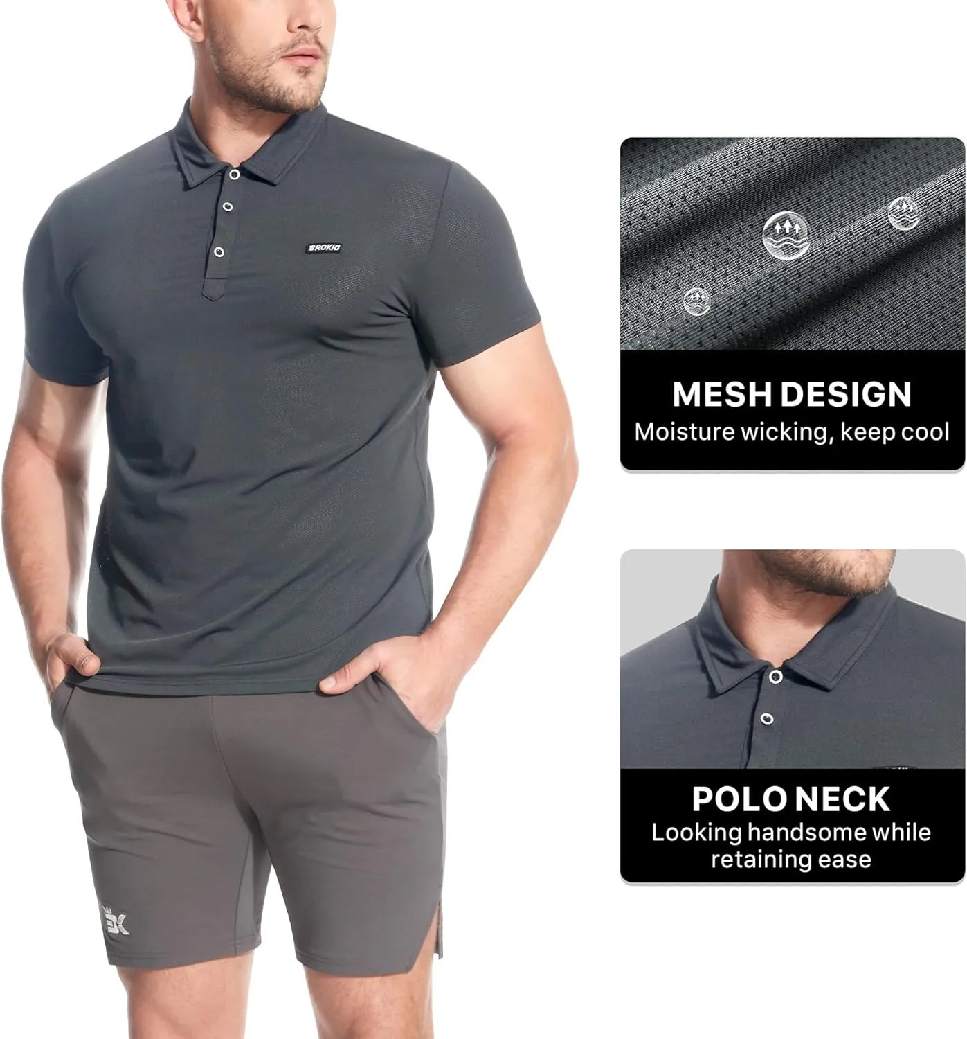 BROKIG Men's BREAME Athletic Polo Shirts,Quick Dry Casual Golf Shirt Short Sleeve Polo T Shirt for Men