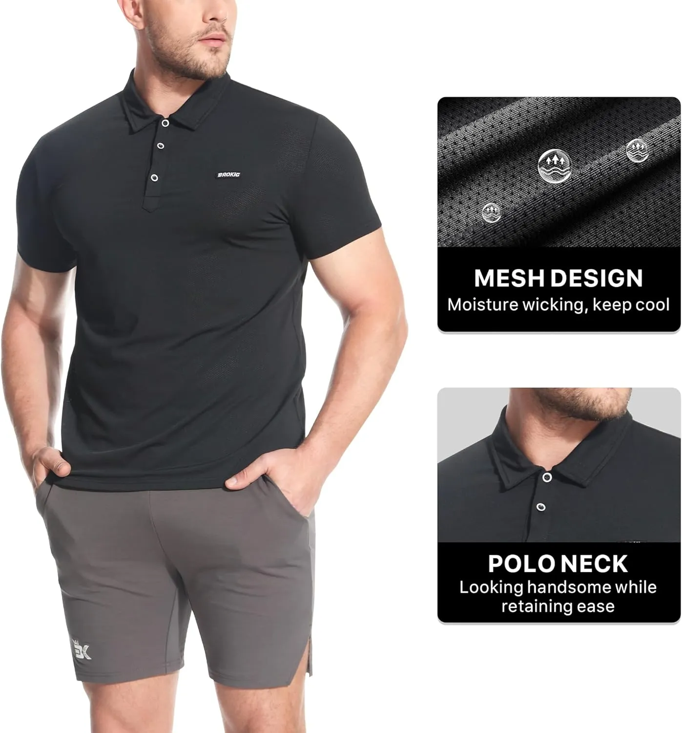 BROKIG Men's BREAME Athletic Polo Shirts,Quick Dry Casual Golf Shirt Short Sleeve Polo T Shirt for Men
