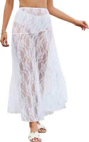 Bsubseach Women Summer Lace Maxi Skirt Elastic Waist Sheer Beach Cover Up Long Skirts
