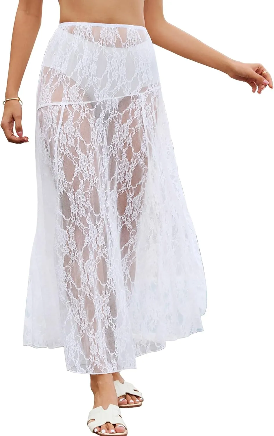 Bsubseach Women Summer Lace Maxi Skirt Elastic Waist Sheer Beach Cover Up Long Skirts