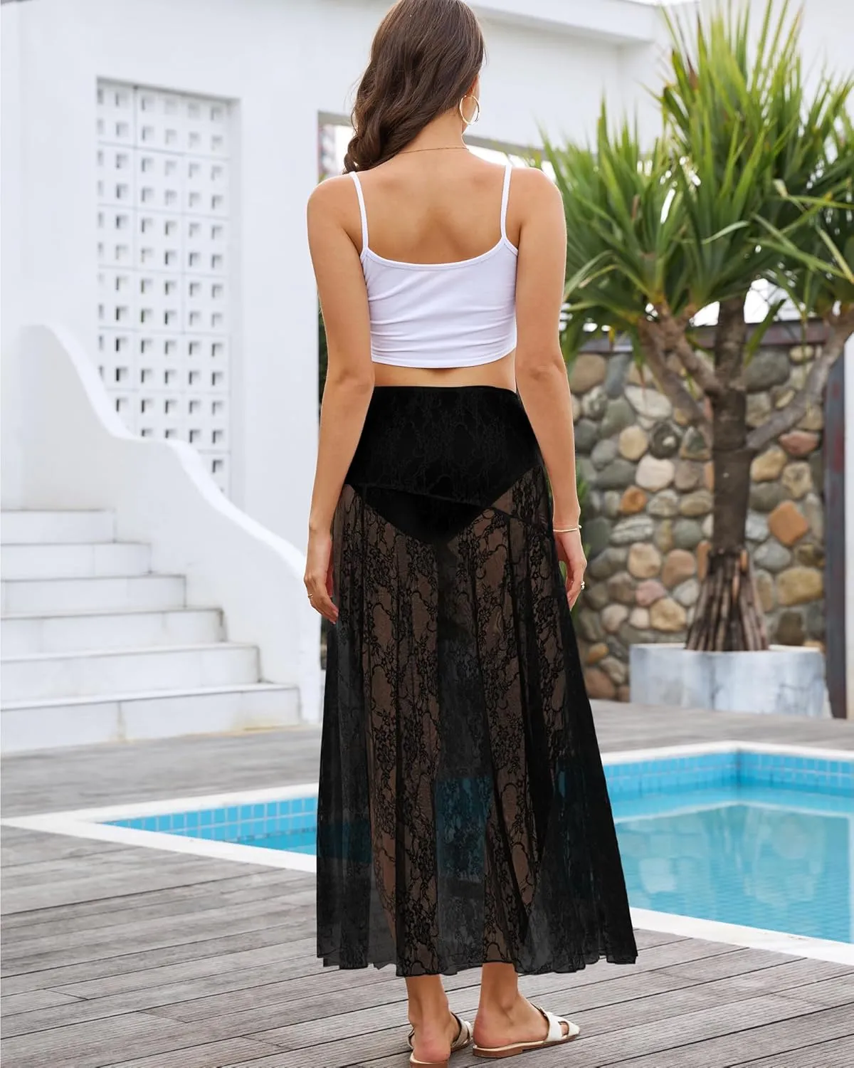 Bsubseach Women Summer Lace Maxi Skirt Elastic Waist Sheer Beach Cover Up Long Skirts
