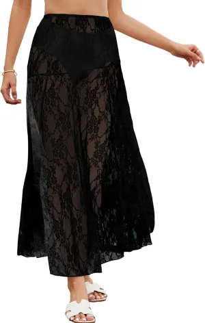 Bsubseach Women Summer Lace Maxi Skirt Elastic Waist Sheer Beach Cover Up Long Skirts