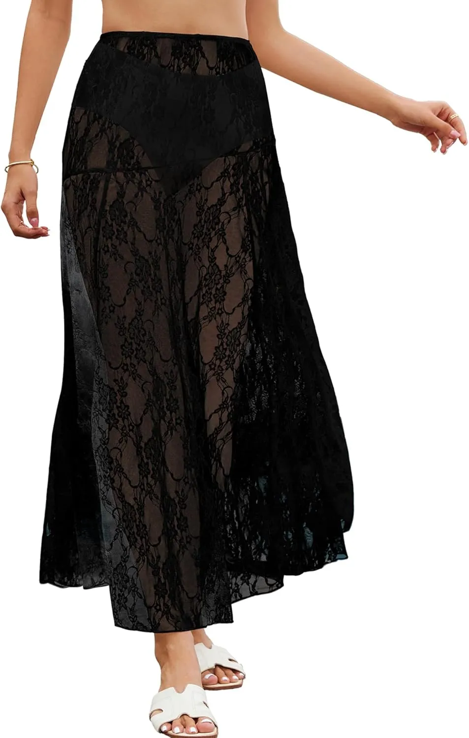Bsubseach Women Summer Lace Maxi Skirt Elastic Waist Sheer Beach Cover Up Long Skirts