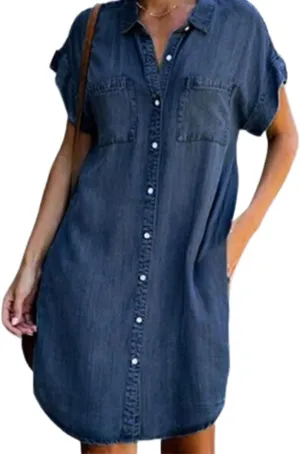 Button Down Denim Midi Shirt Dress for Women Summer Lapel Short Sleeve Loose Jean Dresses with Pockets Plus Size