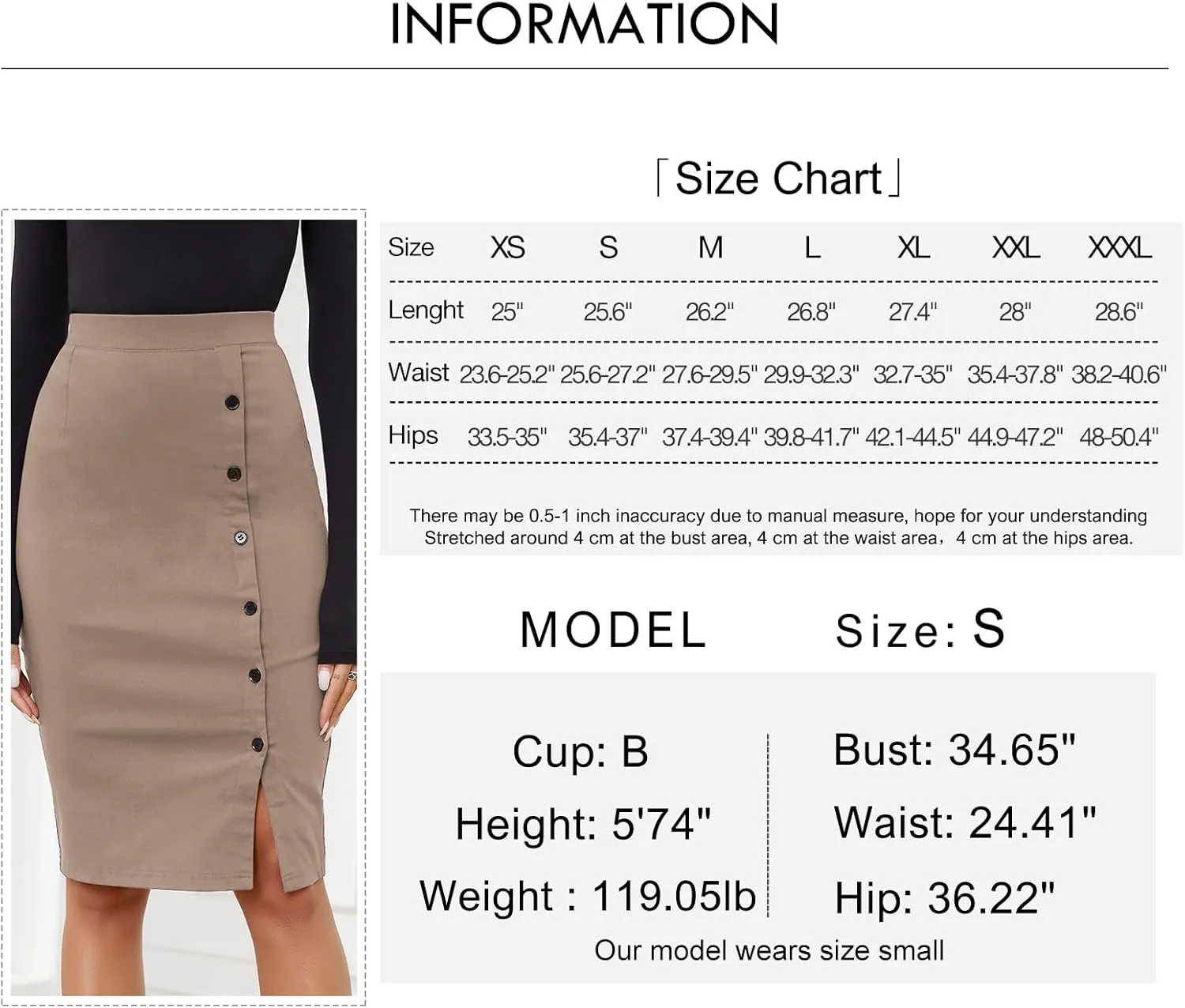 Byinns Pencil Skirts for Women Elastic High Waist Button Slit Work Skirts Stretchy Plaid Bodycon Midi Skirt