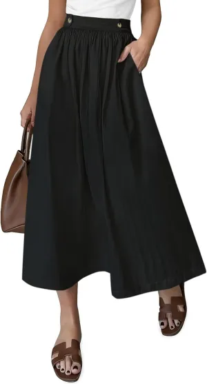 CFLONGE Women's 2025 Bohemian Long Skirts Flowy High Waist A Line Maxi Skirts for Women Summer Pleated Midi Skirt with Pocket