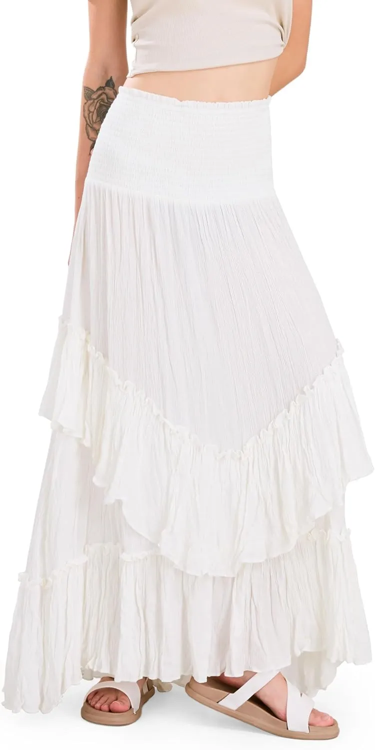 CHARTOU Women Boho Maxi Convertible Skirt Wide Smocked Elastic Waist Asymmetric Ruffle Strapless Dress