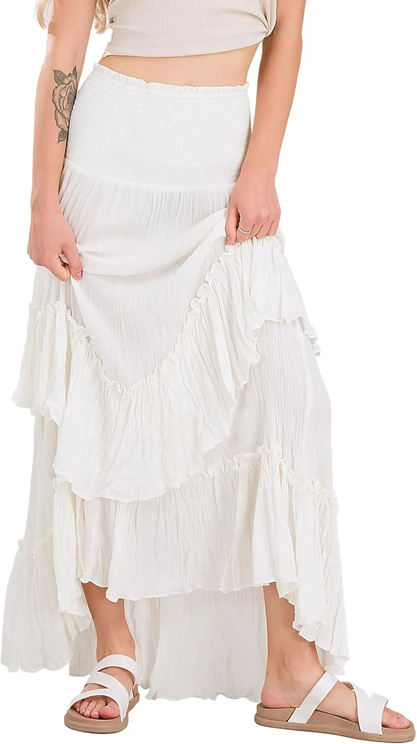 CHARTOU Women Boho Maxi Convertible Skirt Wide Smocked Elastic Waist Asymmetric Ruffle Strapless Dress