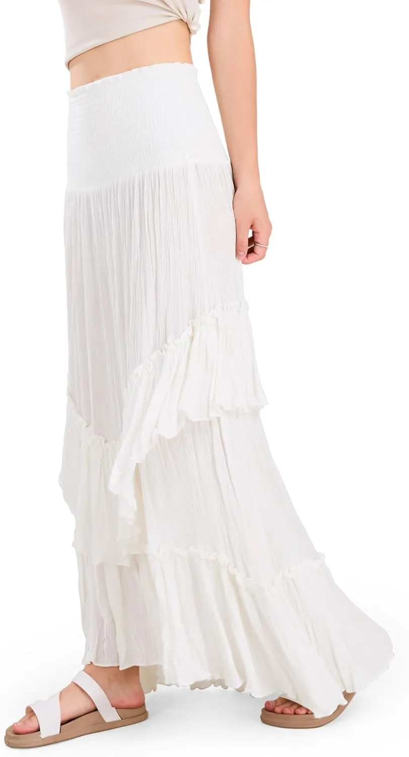 CHARTOU Women Boho Maxi Convertible Skirt Wide Smocked Elastic Waist Asymmetric Ruffle Strapless Dress