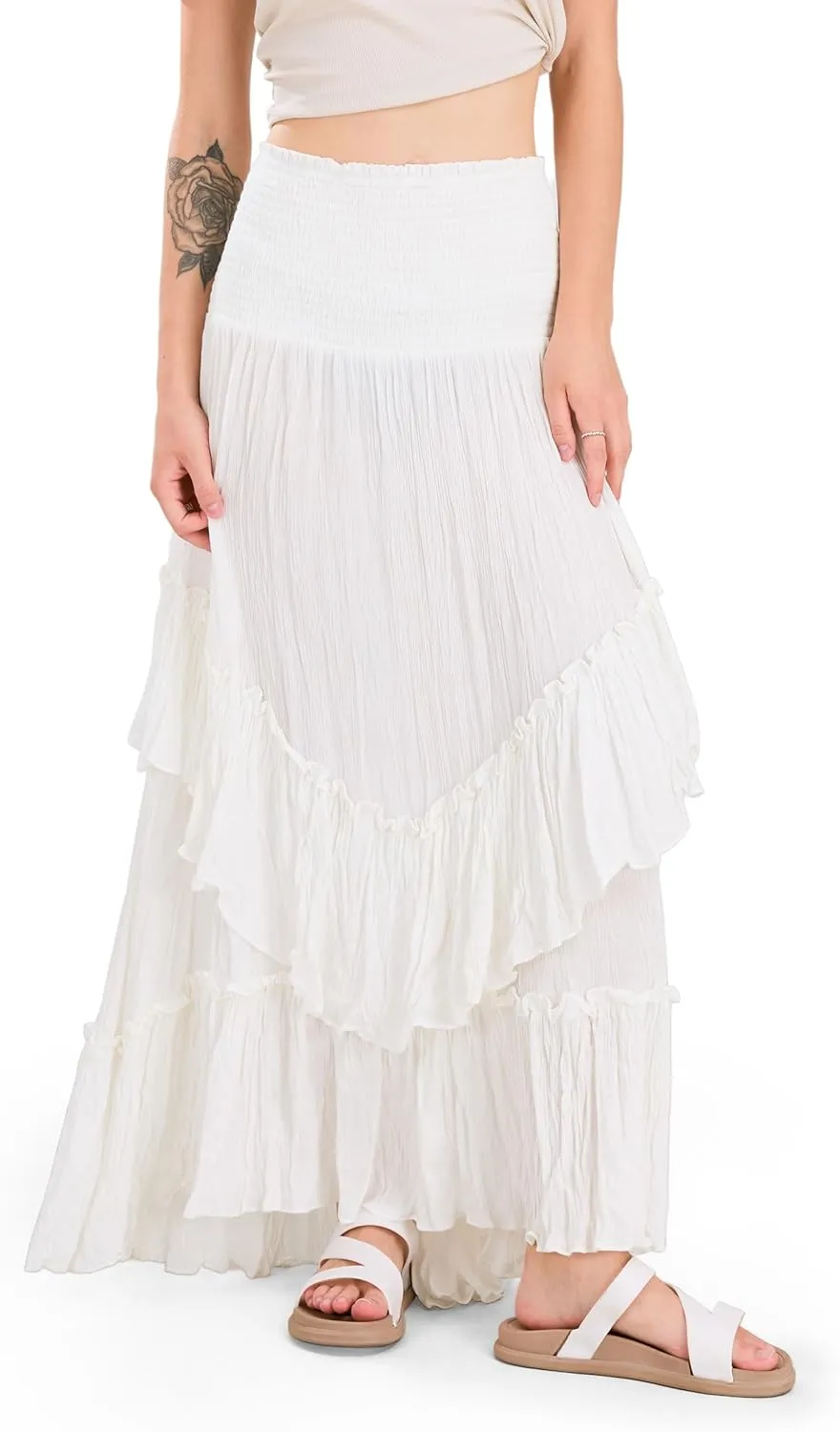 CHARTOU Women Boho Maxi Convertible Skirt Wide Smocked Elastic Waist Asymmetric Ruffle Strapless Dress