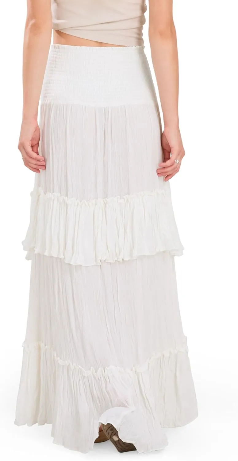 CHARTOU Women Boho Maxi Convertible Skirt Wide Smocked Elastic Waist Asymmetric Ruffle Strapless Dress