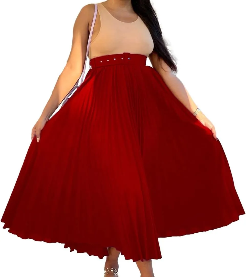 CHARTOU Women Elastic Waist Maxi Pleated Skirt Ruffle Long Skirt Club Party Flowy A Line Skirt with Belt
