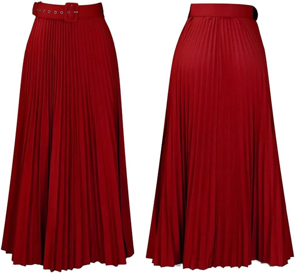 CHARTOU Women Elastic Waist Maxi Pleated Skirt Ruffle Long Skirt Club Party Flowy A Line Skirt with Belt