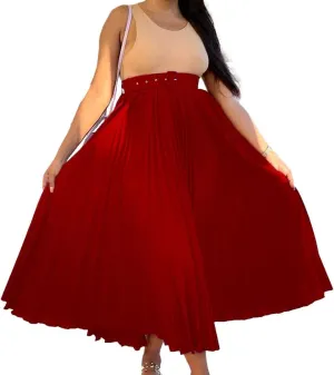 CHARTOU Women Elastic Waist Maxi Pleated Skirt Ruffle Long Skirt Club Party Flowy A Line Skirt with Belt