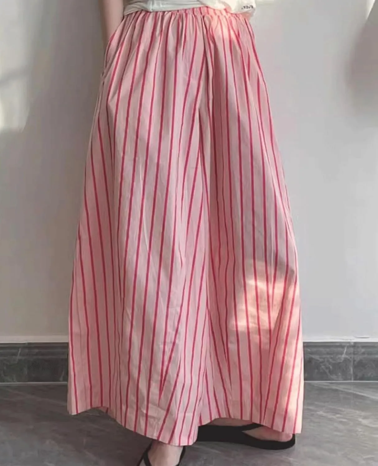 CHARTOU Women's Summer Striped Long Skirt Elastic High Waist Flowy Ruffle Hem A Line Maxi Dress with Pockets