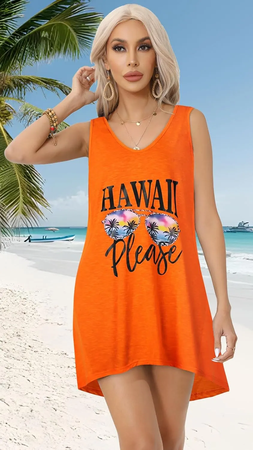 CHICGAL Womens Swimsuit Coverup Summer Beach Sleeveless T Shirt Bikini Tank Dress Loose Bathing Suit Cover Up