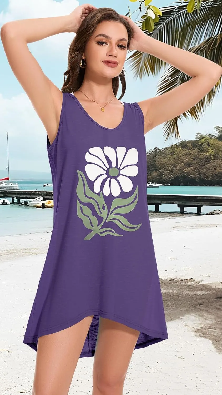 CHICGAL Womens Swimsuit Coverup Summer Beach Sleeveless T Shirt Bikini Tank Dress Loose Bathing Suit Cover Up