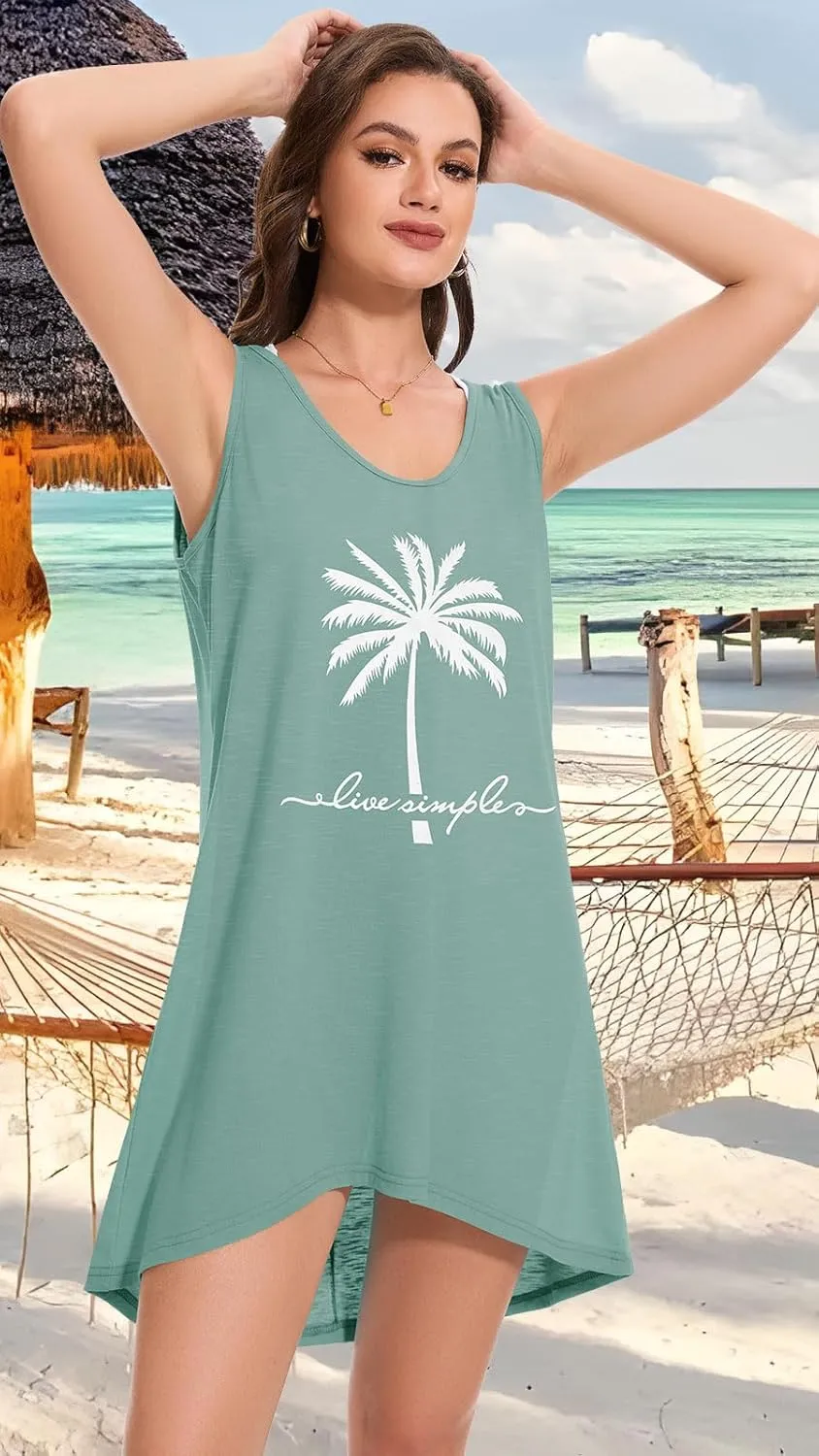 CHICGAL Womens Swimsuit Coverup Summer Beach Sleeveless T Shirt Bikini Tank Dress Loose Bathing Suit Cover Up
