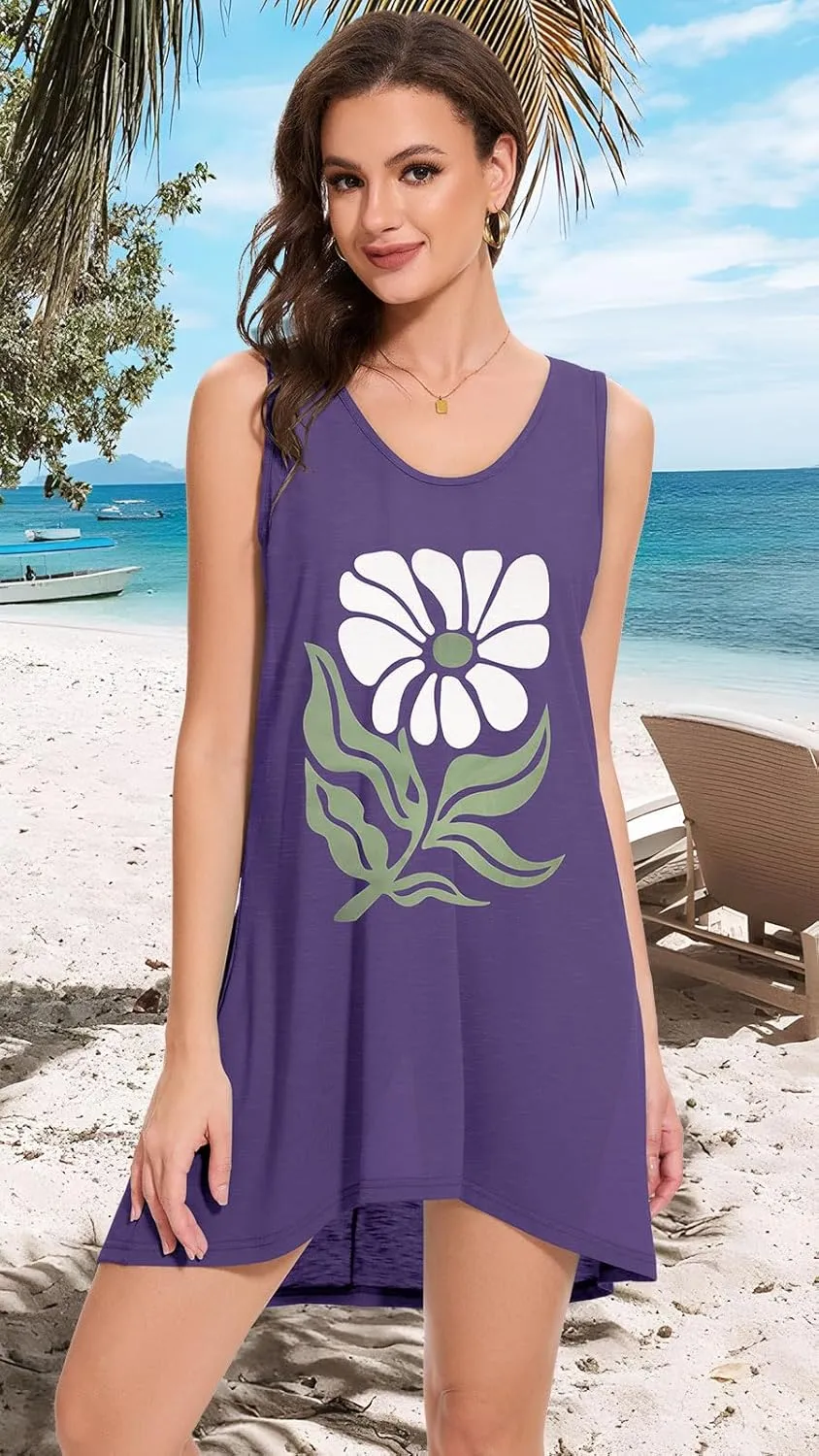CHICGAL Womens Swimsuit Coverup Summer Beach Sleeveless T Shirt Bikini Tank Dress Loose Bathing Suit Cover Up