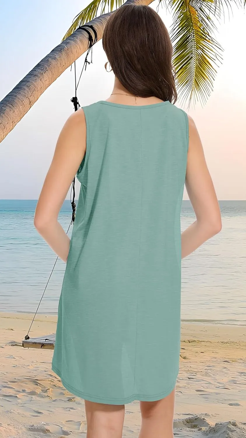 CHICGAL Womens Swimsuit Coverup Summer Beach Sleeveless T Shirt Bikini Tank Dress Loose Bathing Suit Cover Up