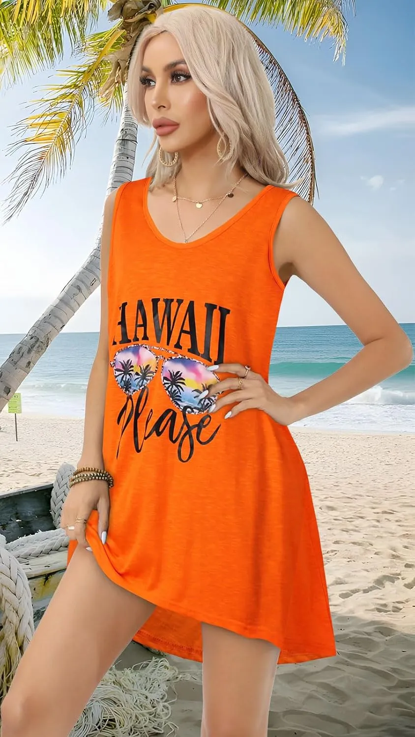 CHICGAL Womens Swimsuit Coverup Summer Beach Sleeveless T Shirt Bikini Tank Dress Loose Bathing Suit Cover Up