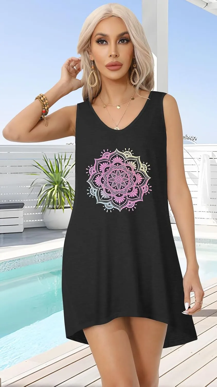 CHICGAL Womens Swimsuit Coverup Summer Beach Sleeveless T Shirt Bikini Tank Dress Loose Bathing Suit Cover Up