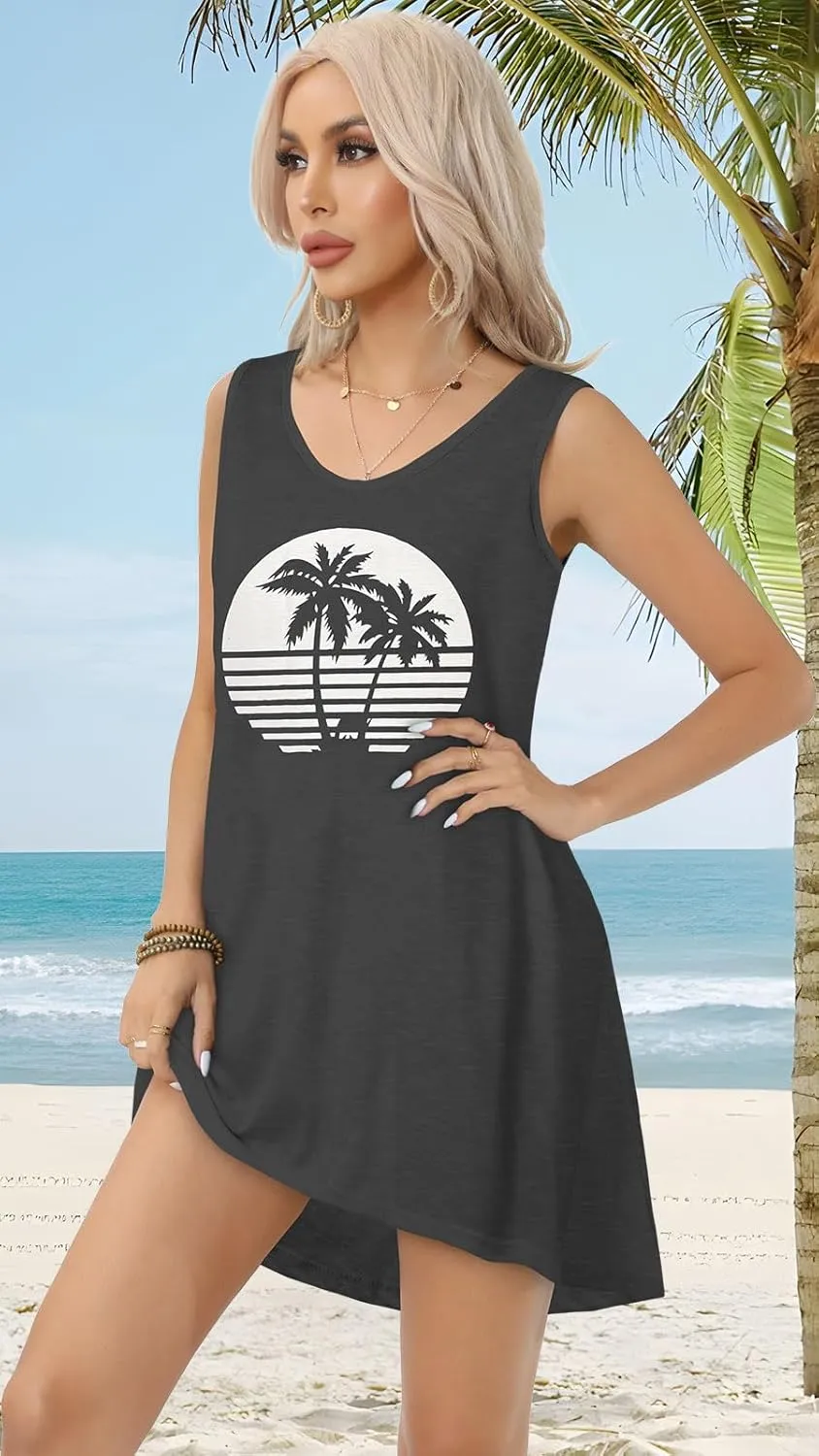CHICGAL Womens Swimsuit Coverup Summer Beach Sleeveless T Shirt Bikini Tank Dress Loose Bathing Suit Cover Up