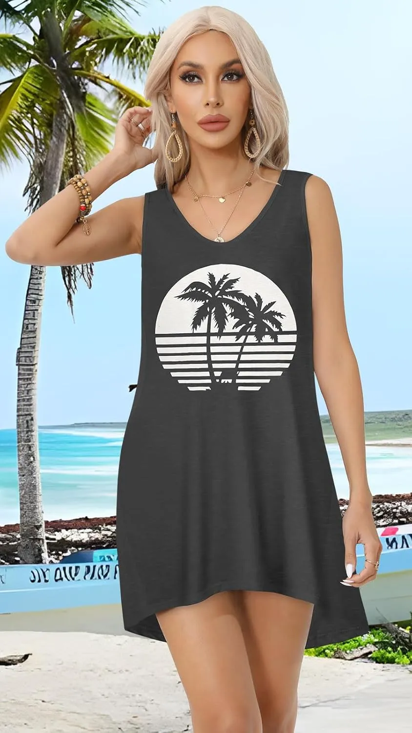 CHICGAL Womens Swimsuit Coverup Summer Beach Sleeveless T Shirt Bikini Tank Dress Loose Bathing Suit Cover Up