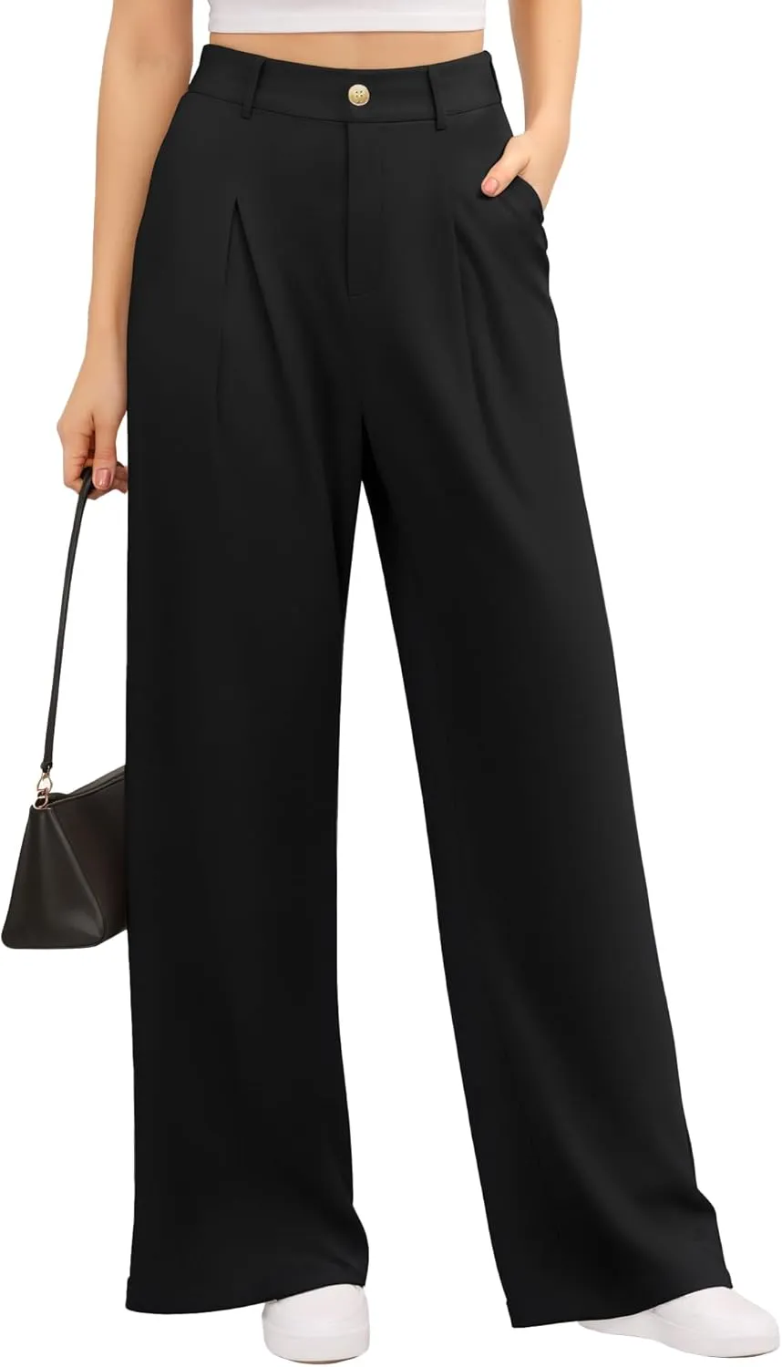 CLOZOZ Women's High Waist Straight Leg Casual Pants Stretchy Faux Front Waffle Knit Wide Leg Dressy Pant