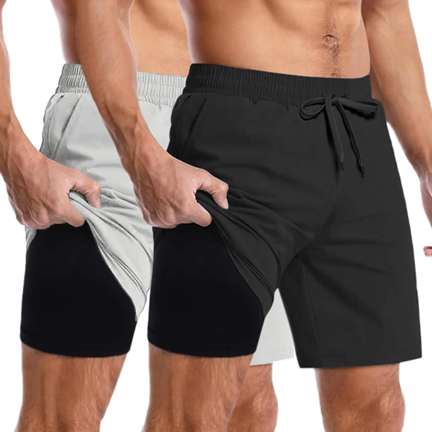 COOFANDY Men's 2 in 1 Running Shorts 2 Pack Athletic Shorts Quick Dry Gym Training Workout Shorts with Pockets