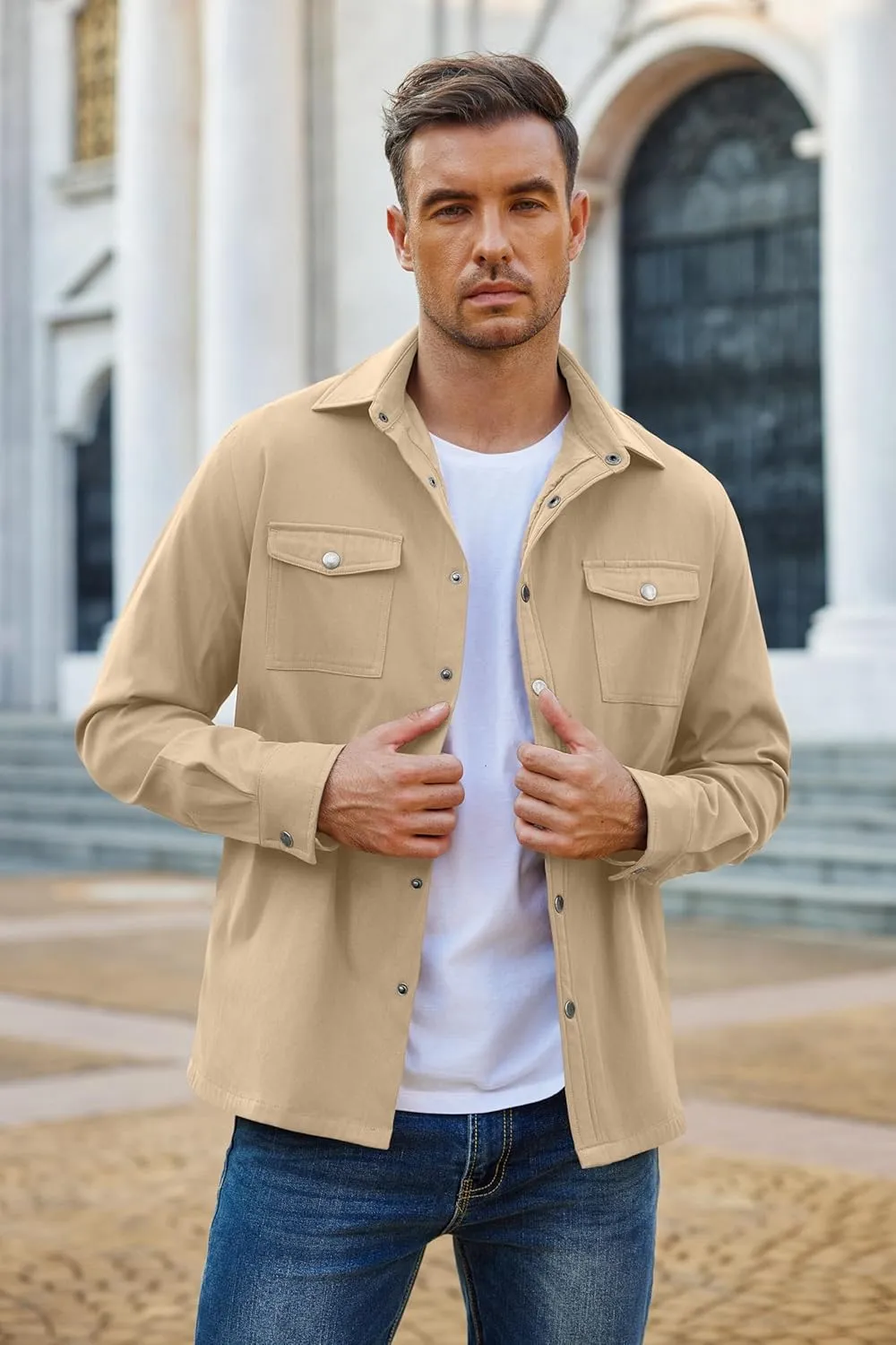 COOFANDY Men's Casual Lightweight Shirt Jacket Work Shacket Jackets Military Button Down Overshirt With Flap Pockets