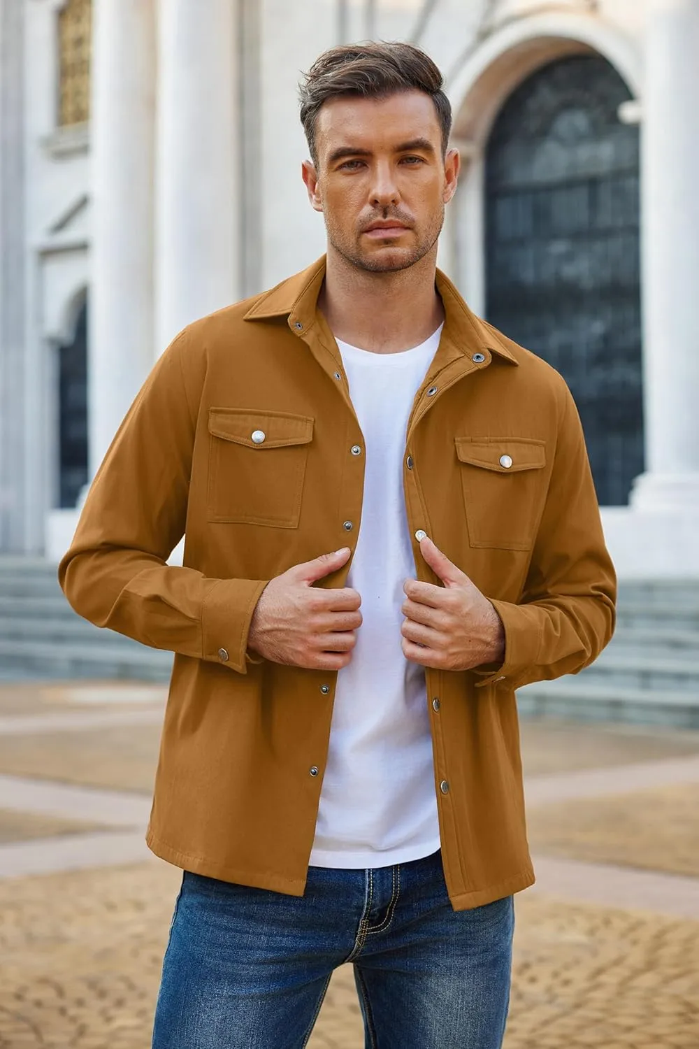 COOFANDY Men's Casual Lightweight Shirt Jacket Work Shacket Jackets Military Button Down Overshirt With Flap Pockets