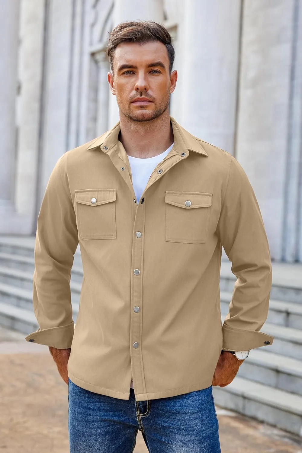 COOFANDY Men's Casual Lightweight Shirt Jacket Work Shacket Jackets Military Button Down Overshirt With Flap Pockets