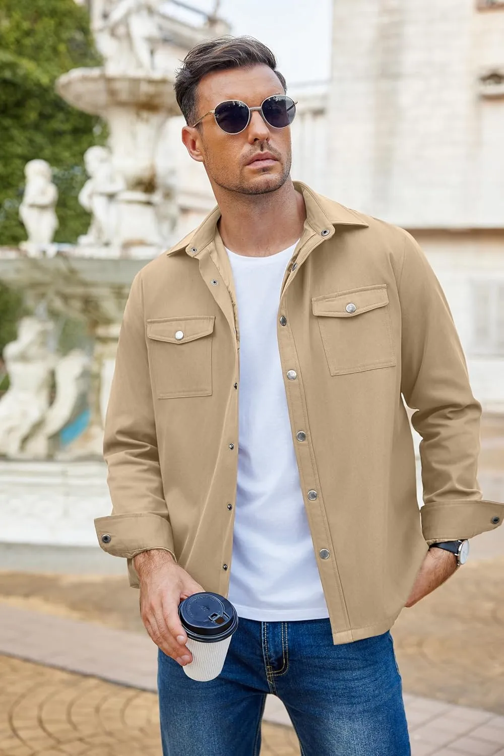 COOFANDY Men's Casual Lightweight Shirt Jacket Work Shacket Jackets Military Button Down Overshirt With Flap Pockets