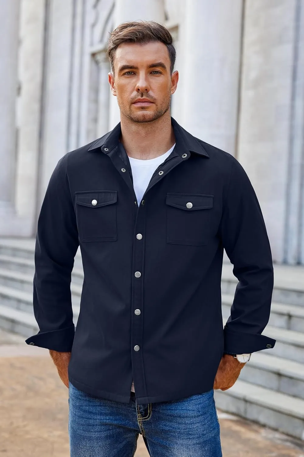 COOFANDY Men's Casual Lightweight Shirt Jacket Work Shacket Jackets Military Button Down Overshirt With Flap Pockets