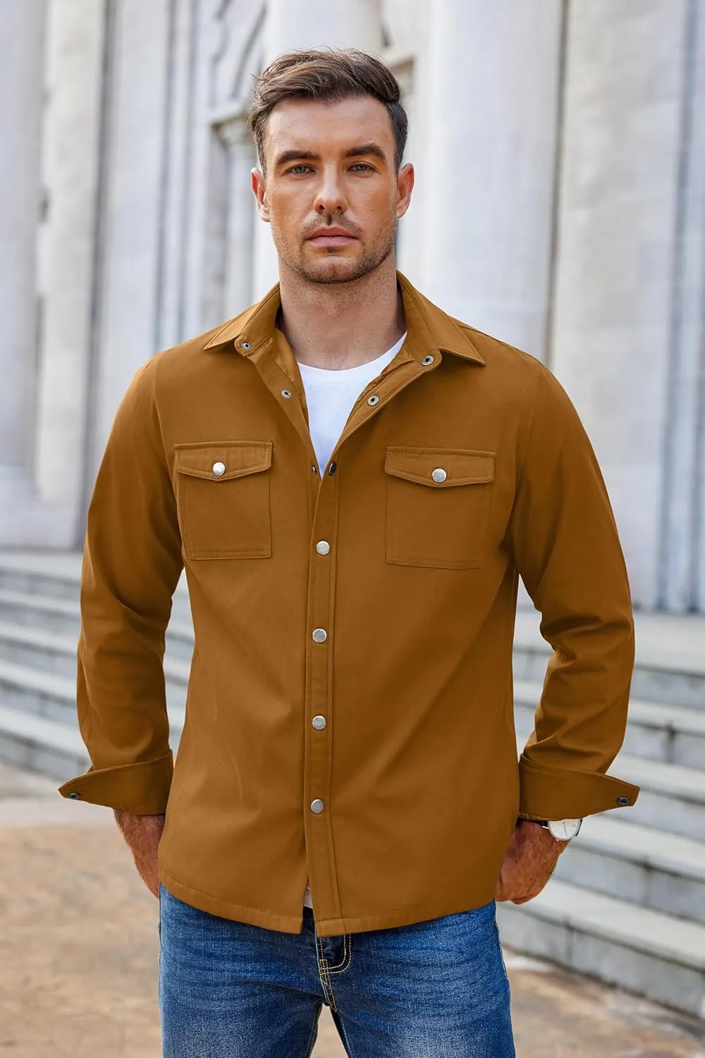 COOFANDY Men's Casual Lightweight Shirt Jacket Work Shacket Jackets Military Button Down Overshirt With Flap Pockets