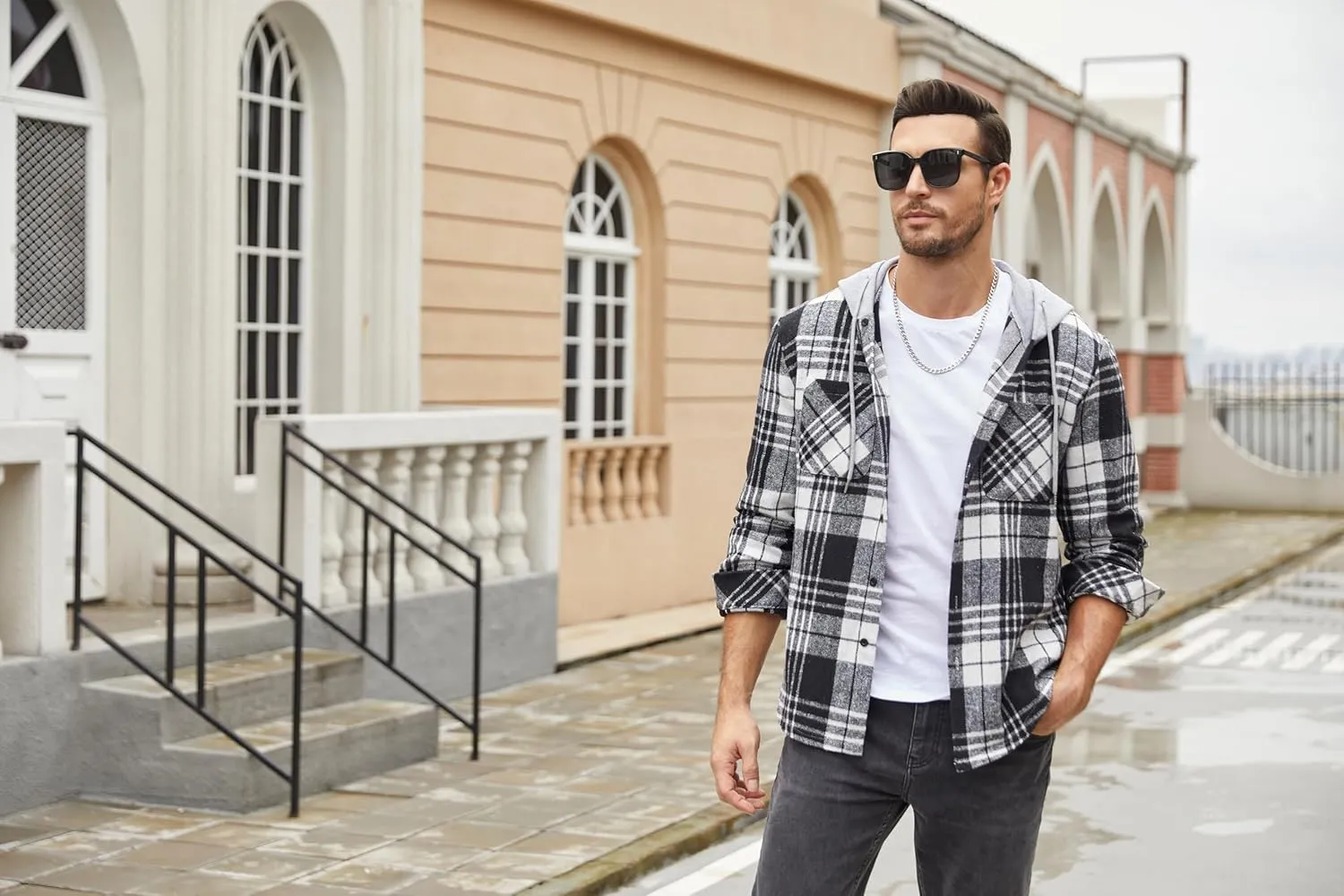 COOFANDY Men's Flannel Hoodie Plaid Shirt Long Sleeve Button Down Casual Shirt Jacket Lightweight Fall Shacket