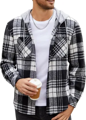 COOFANDY Men's Flannel Hoodie Plaid Shirt Long Sleeve Button Down Casual Shirt Jacket Lightweight Fall Shacket