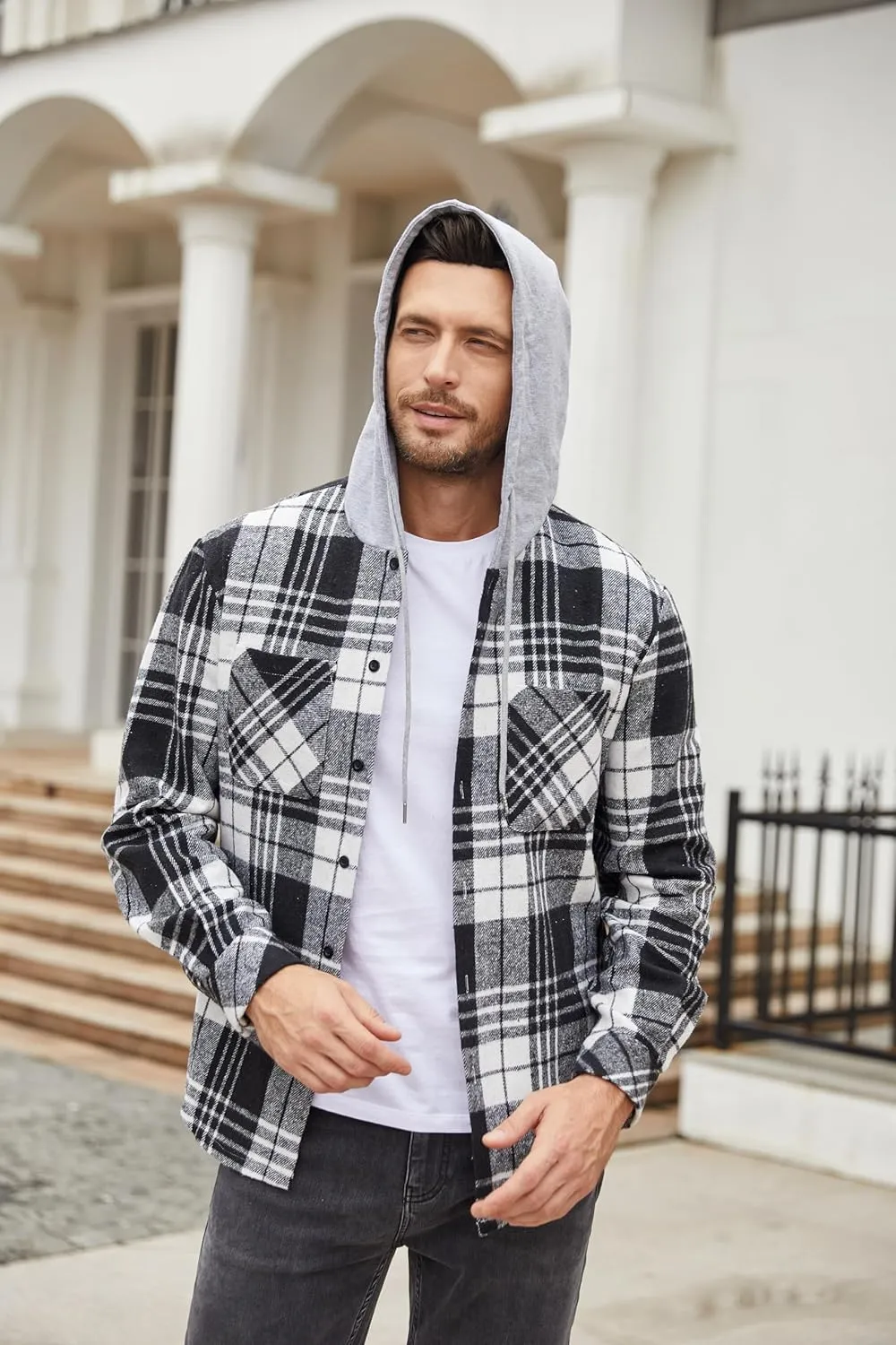 COOFANDY Men's Flannel Hoodie Plaid Shirt Long Sleeve Button Down Casual Shirt Jacket Lightweight Fall Shacket
