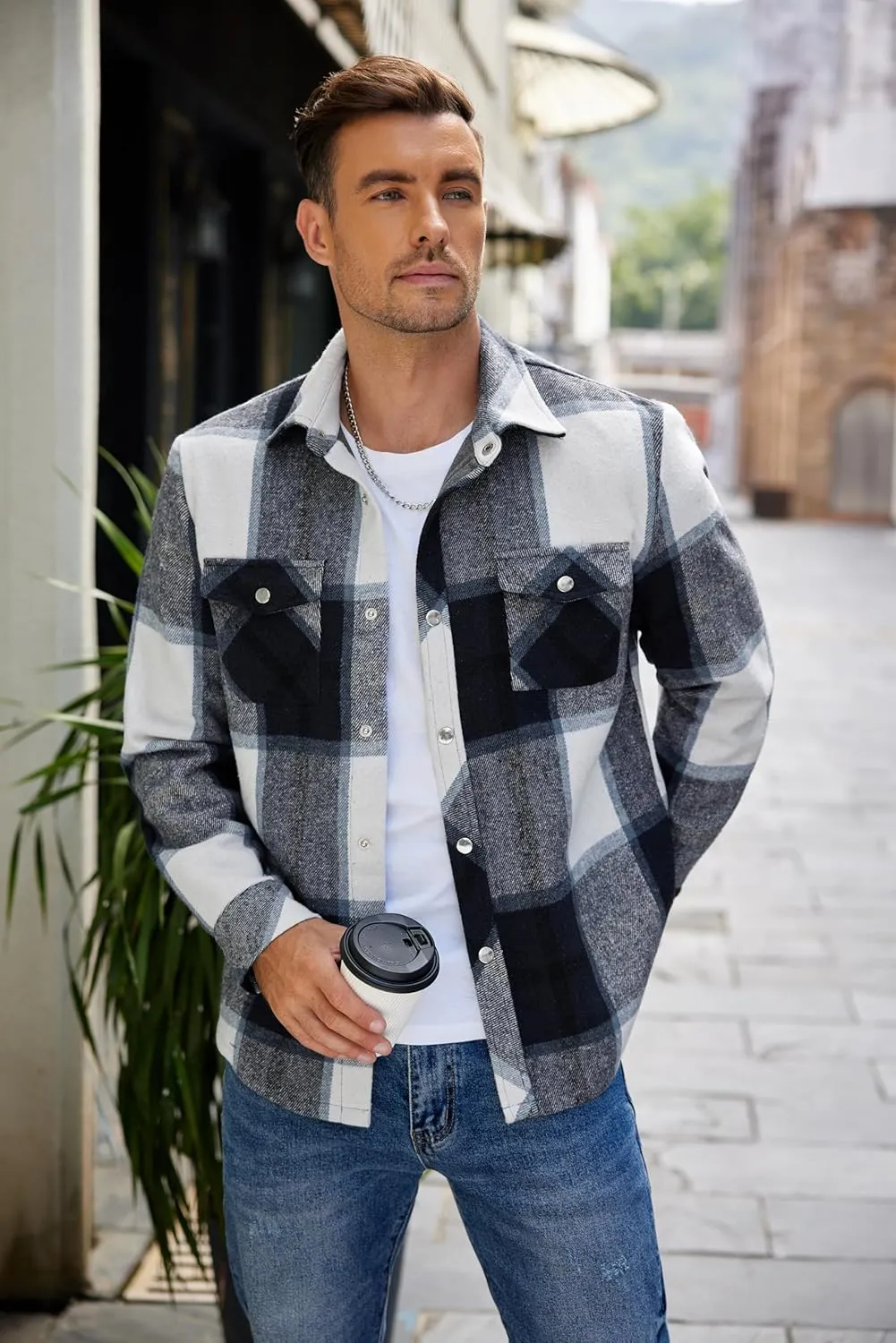 COOFANDY Mens Flannel Shirt Jacket Casual Button Down Plaid Shirt Jackets Warm Lined Sherpa Shacket with Pockets
