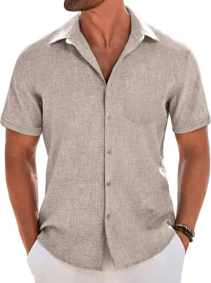 COOFANDY Men's Short Sleeve Button Down Shirt Casual Linen Shirts Summer Beach Vacation Shirt with Pocket