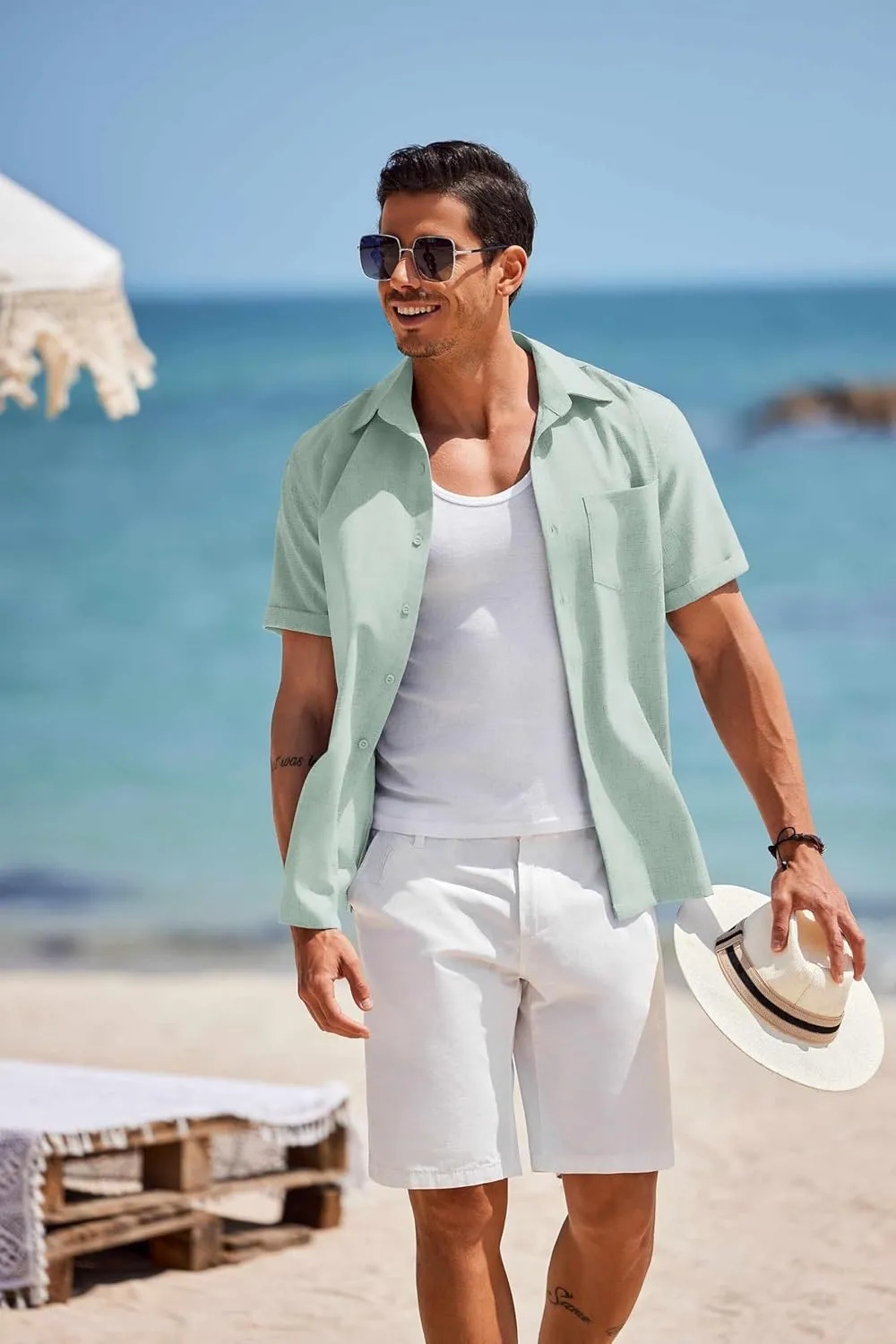 COOFANDY Men's Short Sleeve Button Down Shirt Casual Linen Shirts Summer Beach Vacation Shirt with Pocket