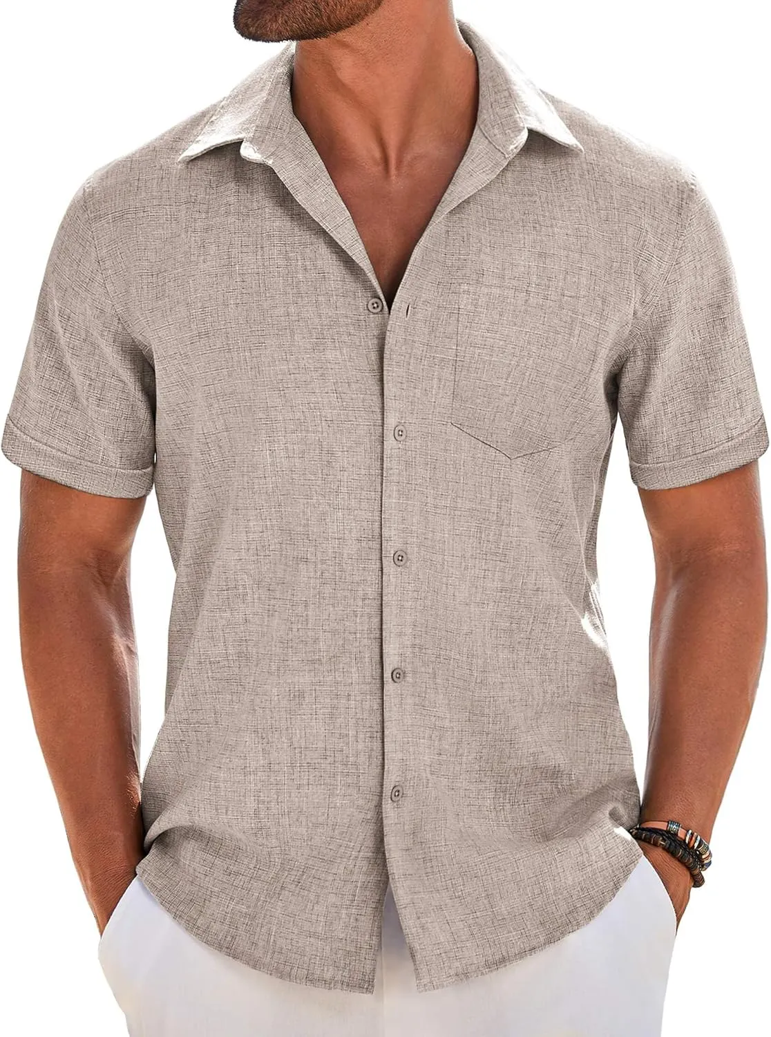 COOFANDY Men's Short Sleeve Button Down Shirt Casual Linen Shirts Summer Beach Vacation Shirt with Pocket